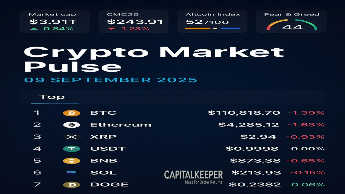 Crypto Market Pulse Today 09 Sept 2025: Bitcoin Holds $110K, Ethereum Near $4,285, Altcoins Face Mild Pressure 1 Crypto Market Pulse Today 09 Sept 2025