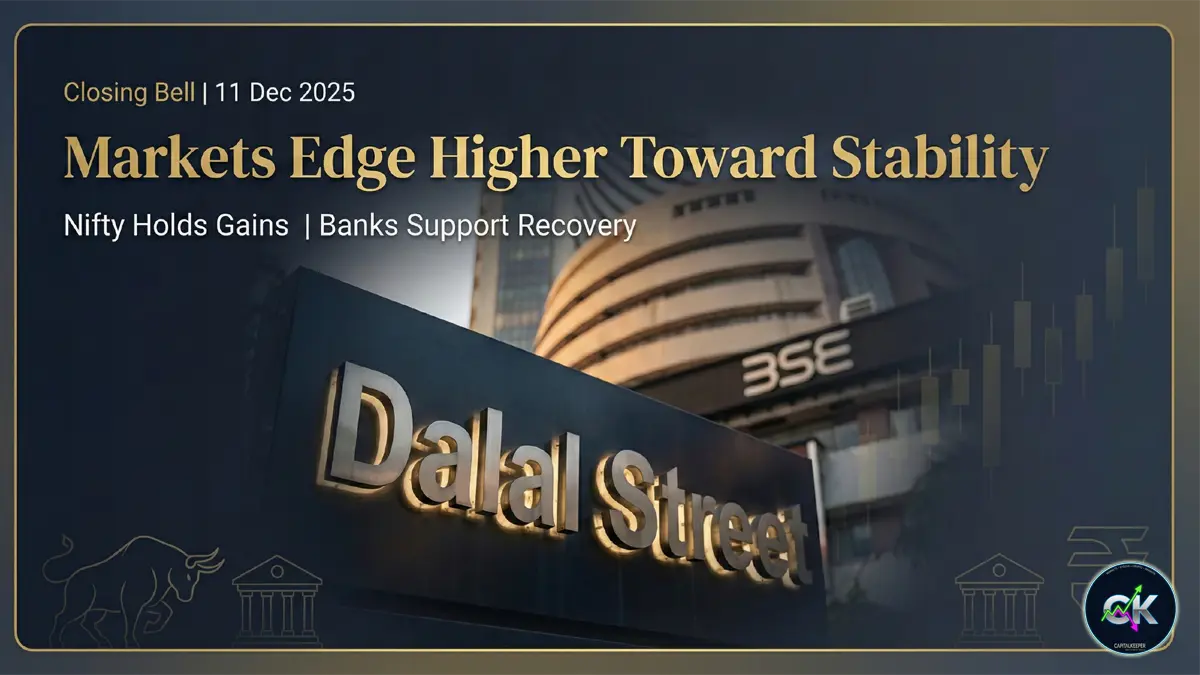 Visual Concept Elements (No Infographics | Premium Editorial Theme) 1. Hero Image Direction A strong editorial-style hero image that visually represents a calm but optimistic market: Close-up view of Dalal Street signage in early evening light Background blur of BSE building with warm golden reflections Soft vignette to draw attention toward the center Slight warm-over-blue tint to show a steady rebound in sentiment This creates a premium “closing bell dusk” tone. 2. Market Sentiment Overlay A very subtle, non-intrusive background element: A single, minimal upward candlestick silhouette Very light opacity (10–15%) Positioned on the right side as background texture Represents the day's mild recovery without showing data It provides a sophisticated market mood without becoming technical. 3. Symbolic Minimal Icons Use faint, line-based icons to represent the major indices: Bull outline → for positive closing Bank building outline → Bank Nifty stabilizing Rupee symbol outline → Fin Nifty resilience These should be placed as soft corner elements in the banner, around 20% opacity for a subtle, premium feel. 4. Color Palette (Financial Editorial Theme) Use colors that reflect reliability, stability, and professionalism: Deep Navy Blue (#0A1A2F) – Base/tone Brushed Gold (#C9A45B) – Accents Soft Greys (#E6E6E6 / #CFCFCF) – For secondary text Muted Graphite (#3D3D3D) – Depth and shadows This palette keeps the visual aligned with premium finance media. 5. Typography Mood A magazine-style combination: Headline: Playfair Display / Libre Baskerville Body: Inter / Source Sans Pro Subheaders: Medium weight, slightly spaced out Title Bar: Gold highlight line under the headline Clean editorial spacing helps Google News-style visibility. 6. Subtle Background Elements Keep visuals minimal yet powerful: Gentle gradient from navy → charcoal Soft diagonal light flare indicating “market close” mood Faint reflections under index labels (no numbers included) Slight noise texture (3–5%) to add depth This forms a polished financial newsroom ambience. 7. Thumbnail Layout Concept Text layout for social thumbnails or blog featured images: Top Strip (small, subtle): “Closing Bell | 11 Dec 2025” Center Title (bold): “Markets Edge Higher Toward Stability” Bottom Line (thin text): “Nifty Holds Gains | Banks Support Recovery” Use gold for the main title and white for supportive lines on a dark navy background.